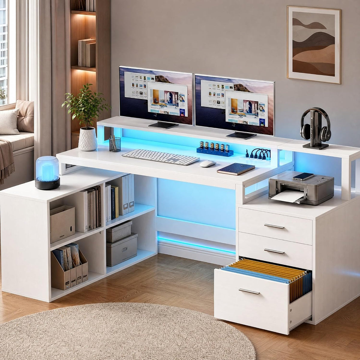 DWVO 79" Grey U-Shaped Computer Desk with Drawers & Charging Station