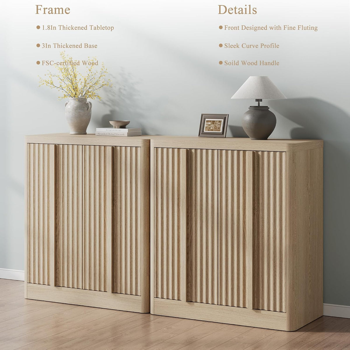 31" Fluted Sideboard Buffet Cabinet with Solid Wood Handles, Natural(1PC)