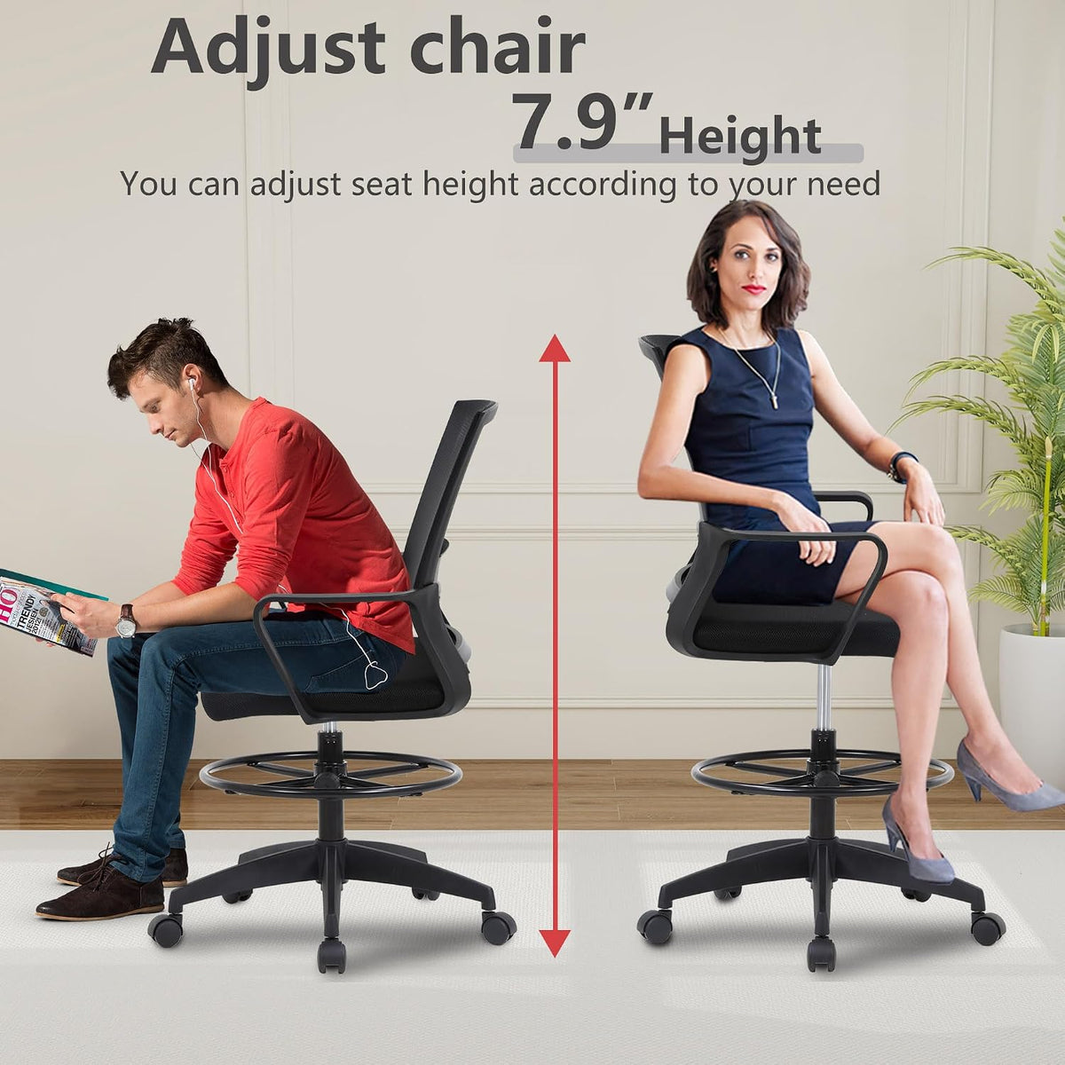 BestOffice | Tall Drafting Chair | Black | with Lumbar Support