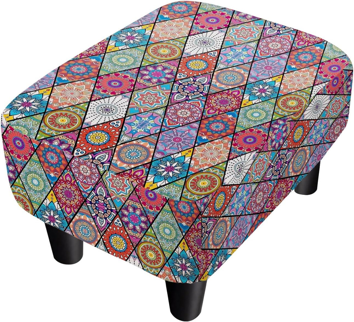Colorful Small Foot Stool Ottoman, Boho Linen Mandala Footrest for Couch