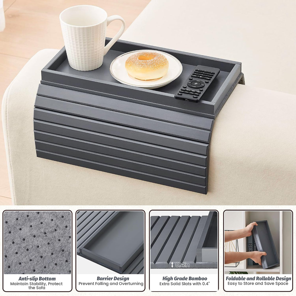 GEHE Bamboo Sofa Arm Tray, Foldable Couch Arm Tray Side Table, Anti-Falling A...