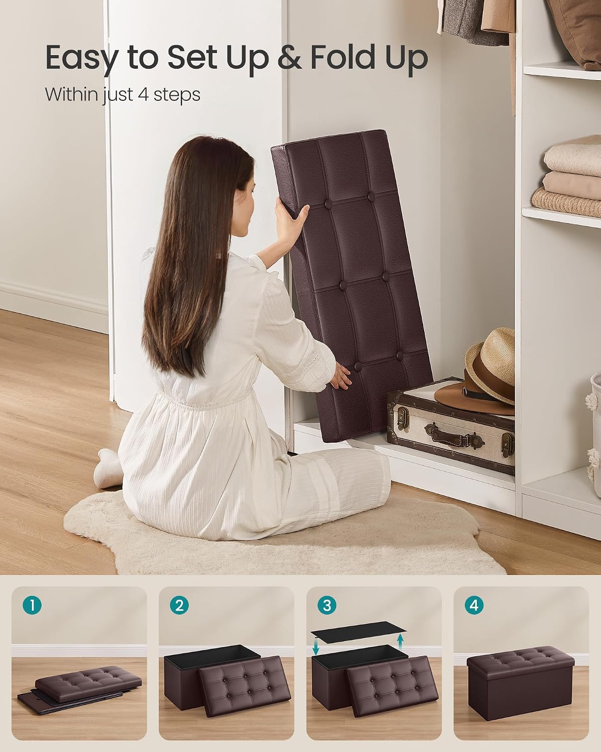 SONGMICS Storage Ottoman Bench, 30 Inches Folding Foot Rest Stool