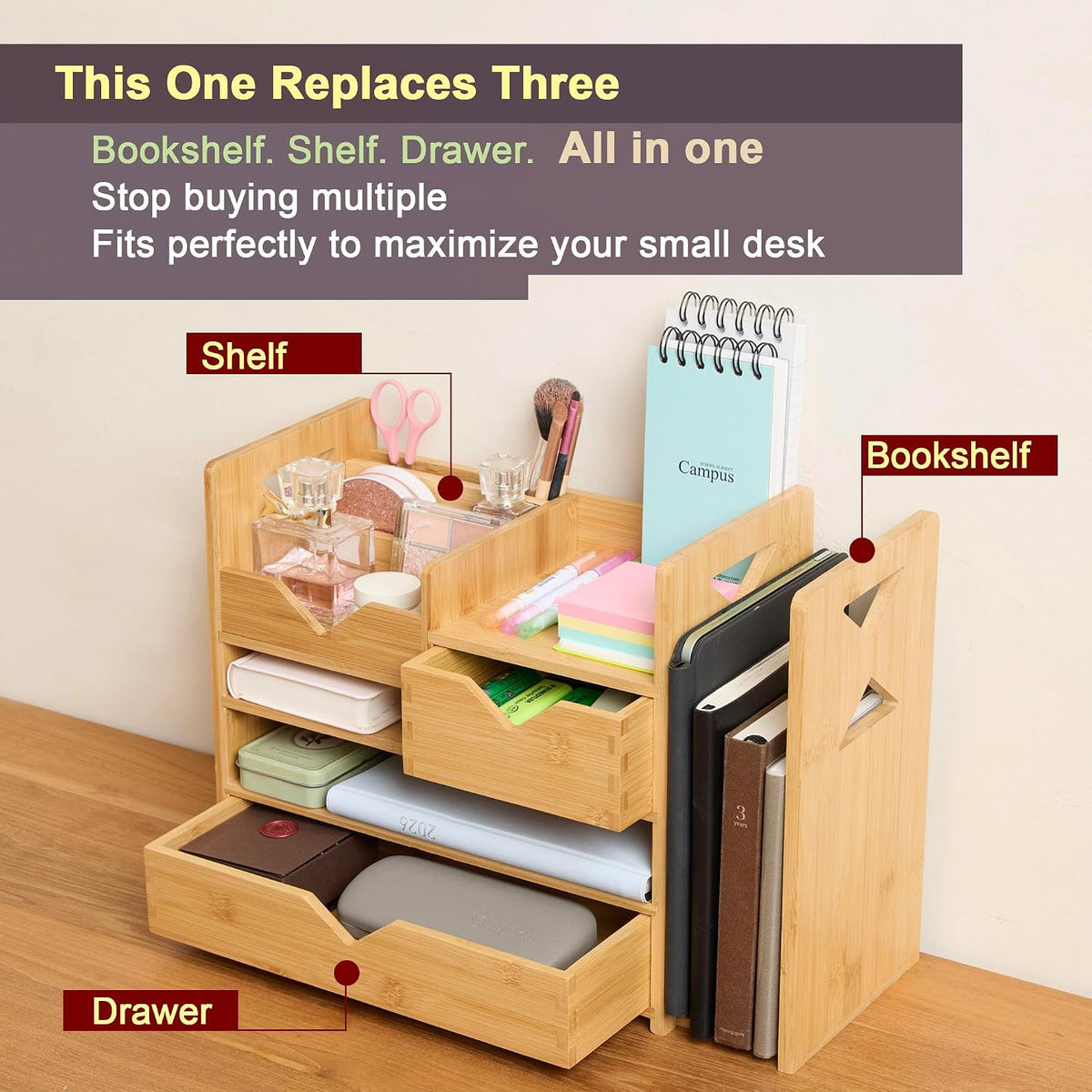 Pandorama Bamboo Desk Organizer Medium - Drawers & Adjustable File Holder...