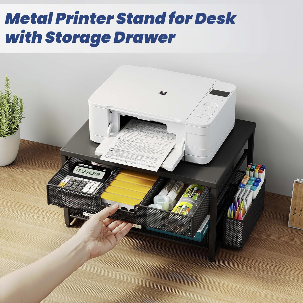 Metal Desktop Printer Stand with Storage Drawer & 2 Pen Holders,2 Tier Ho...