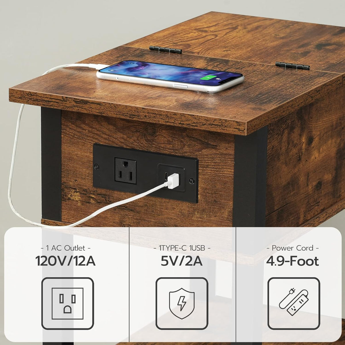 HOOBRO End Table with Charging Station, Flip Top Side Table with USB Ports, N...
