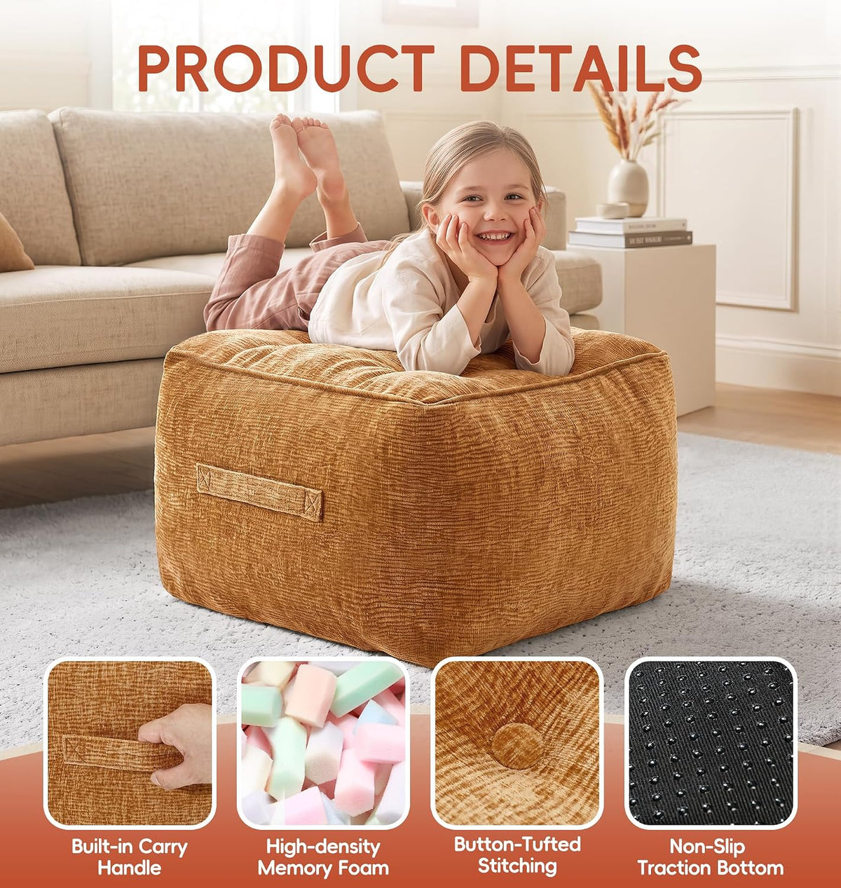 Hobestluk Pouf Ottoman Foot Rest Chenille Square Small Ottoman, Brown