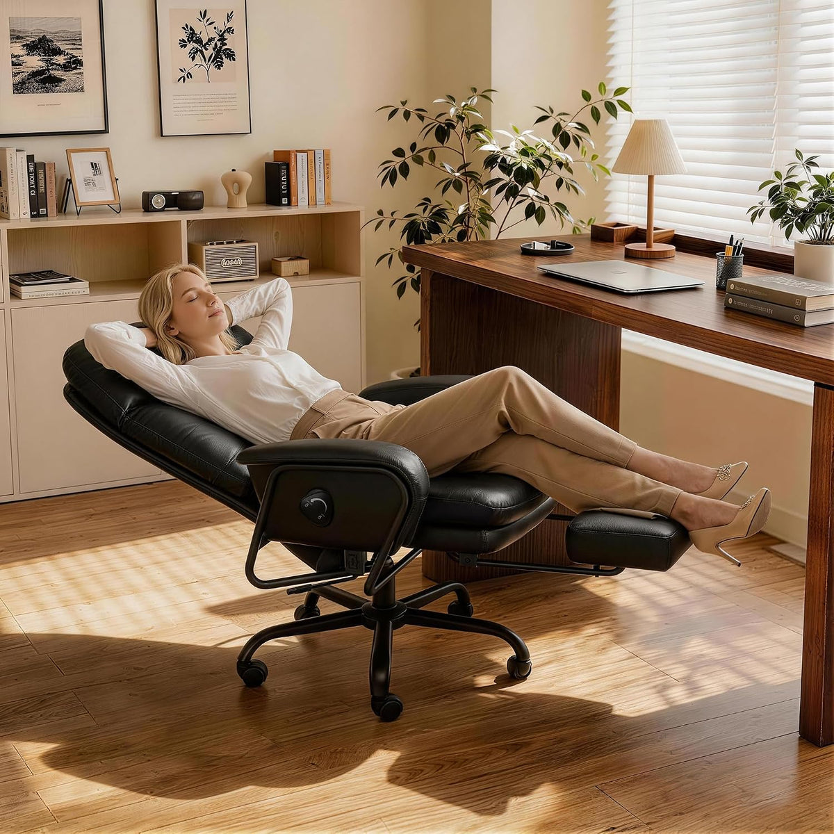 180° Reclining Office Chair with Footrest, PU Leather, Black