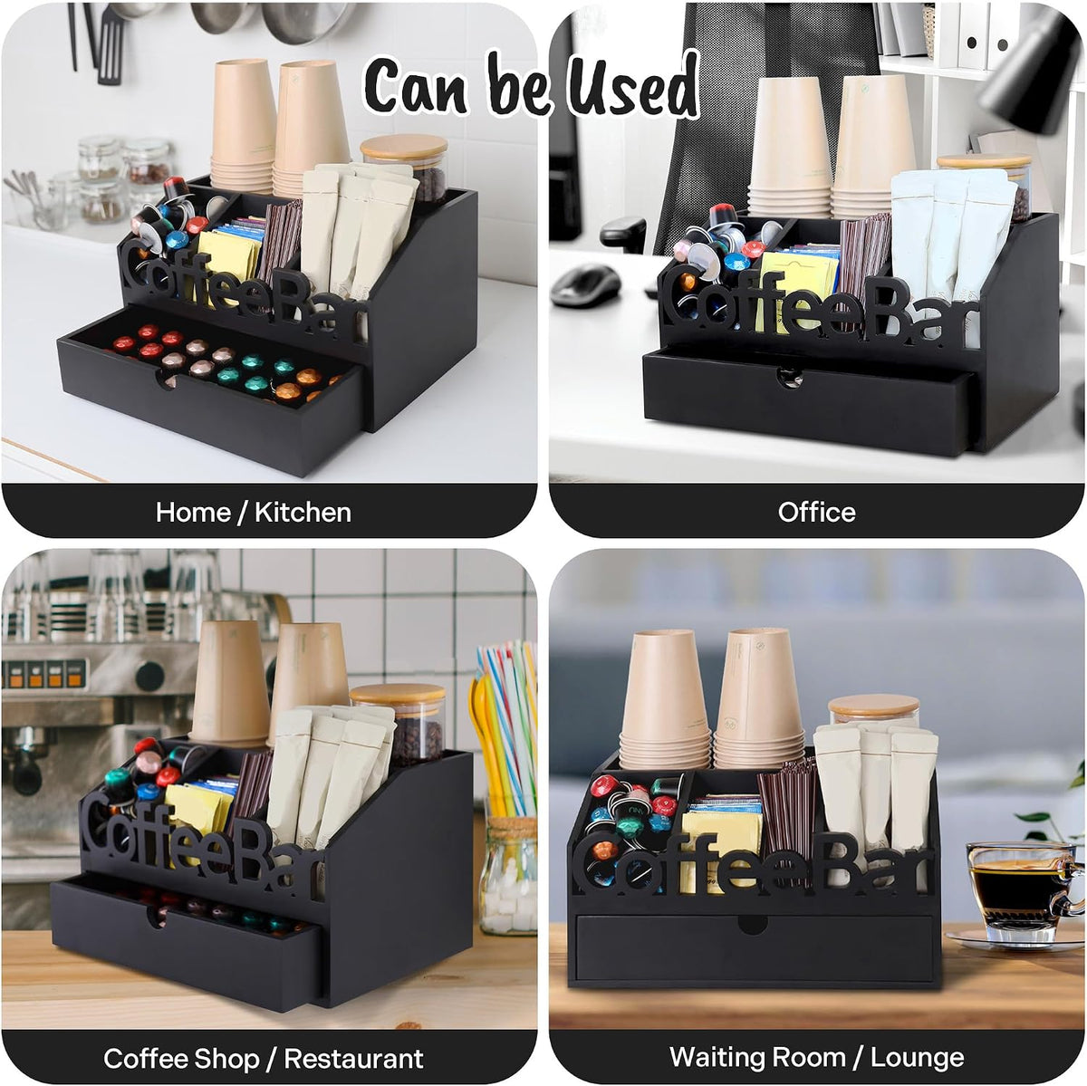 Coffee Bar Organizer Countertop, Wooden Coffee Station with Black Drawer