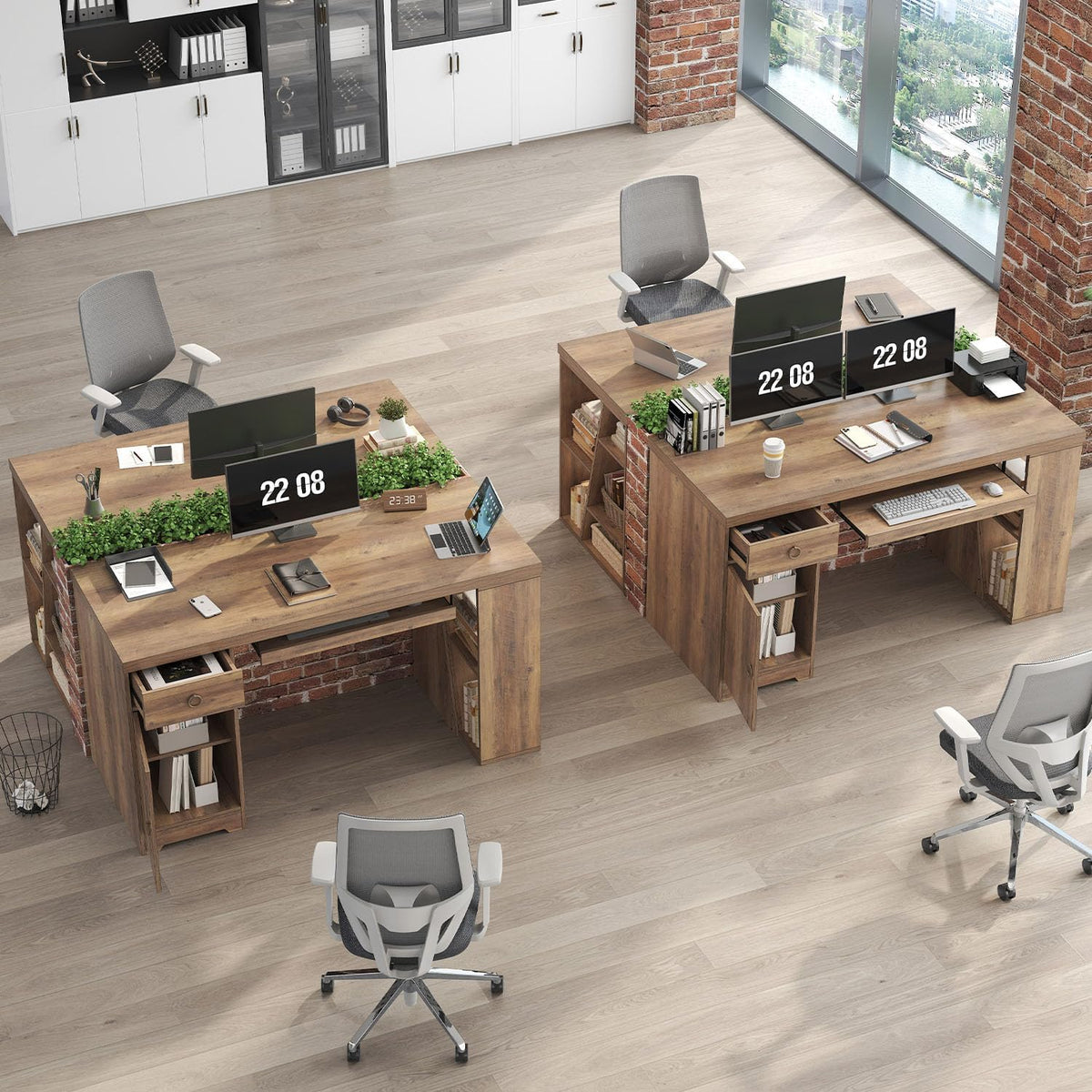 HSH Office Desk with Keyboard Tray, Computer Desk with Storage, 55 Inch