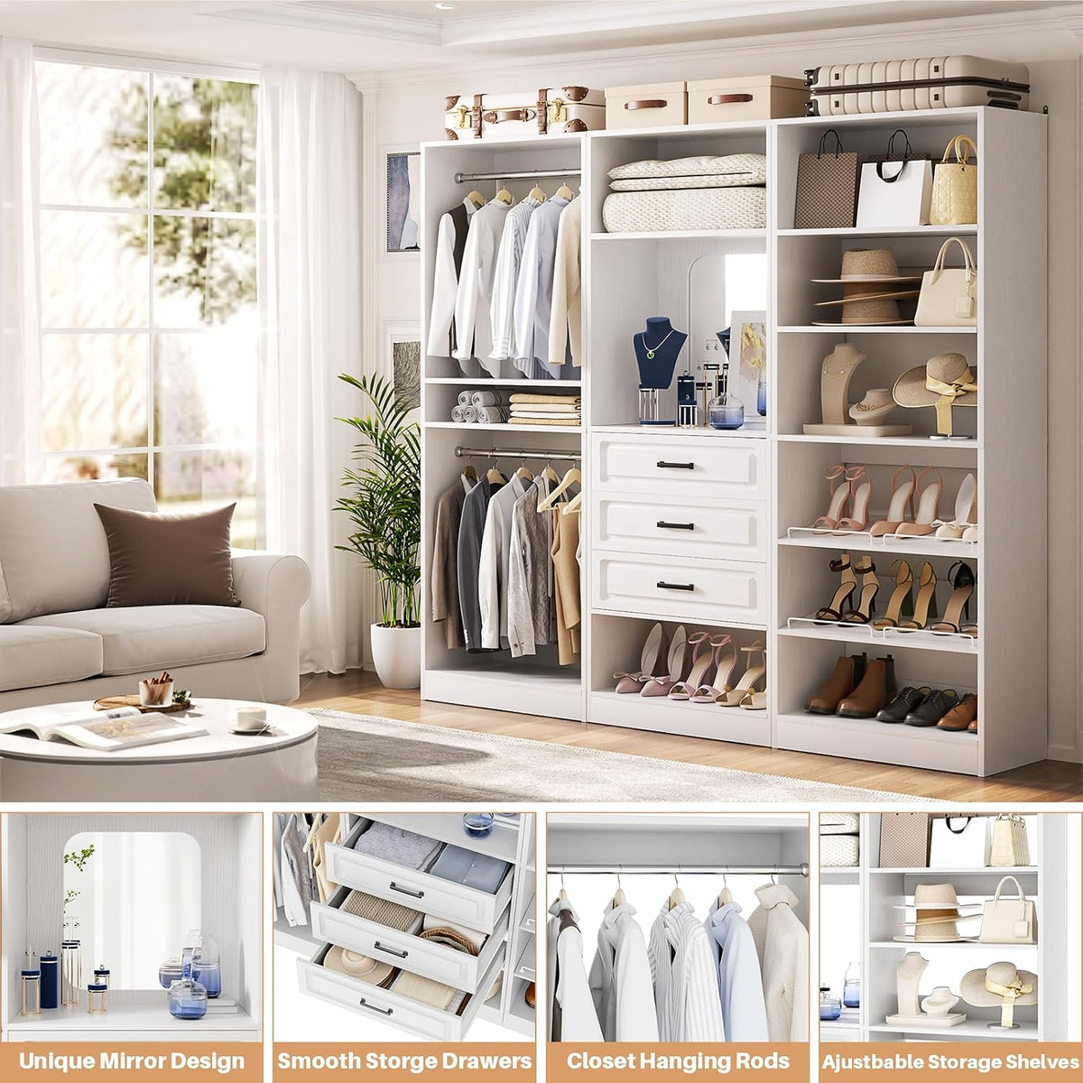 Unikito 75" Modular Closet System with 3 Sets, Mirror & Drawers, White