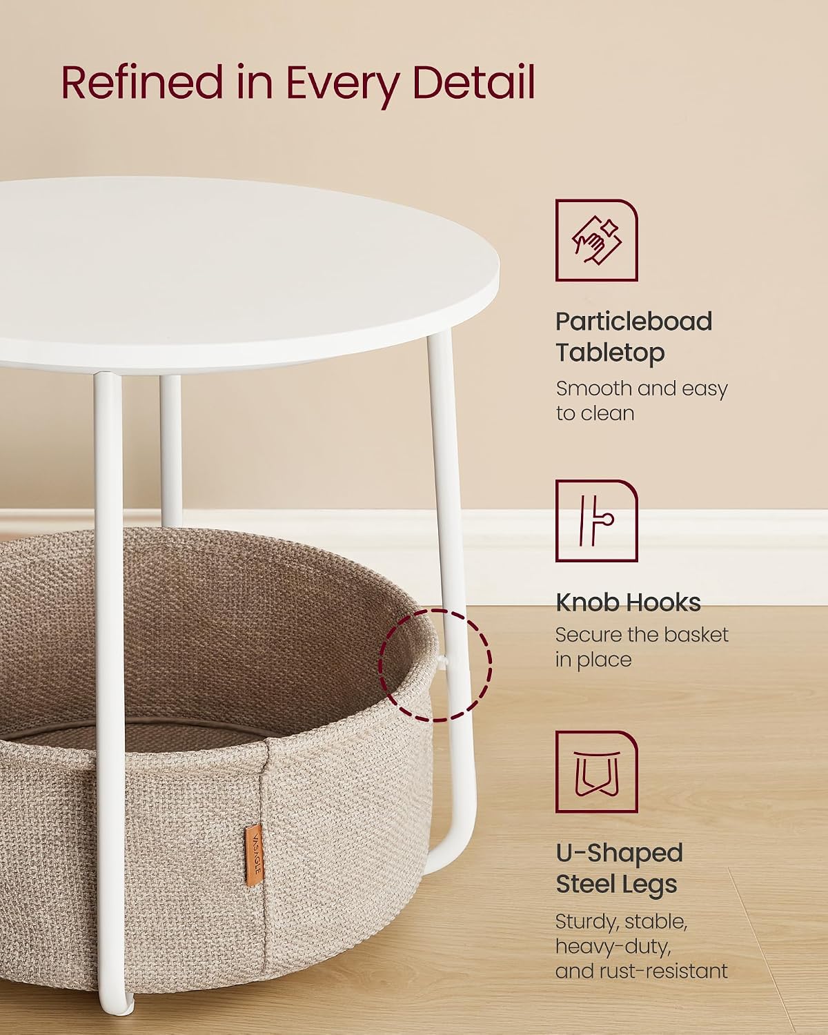 VASAGLE Small Round Side End Table, Nightstand with Fabric Basket