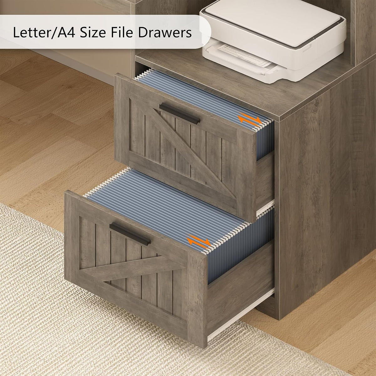 63" Farmhouse L Shaped Desk with Drawers and Printer Stand for Home Office