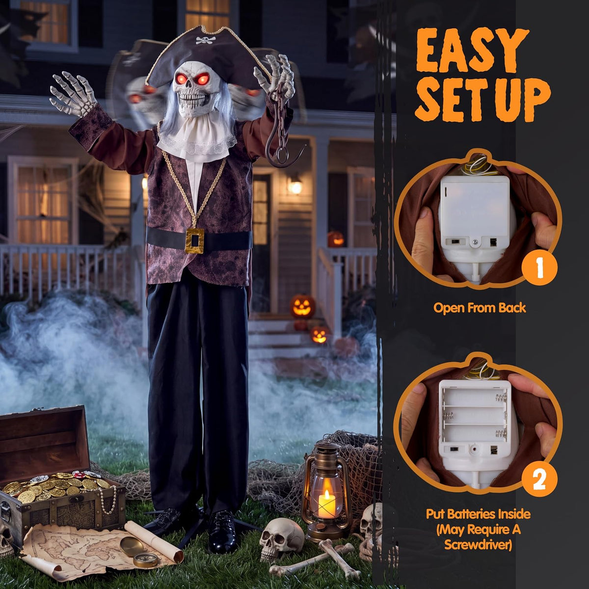 JOYIN Halloween Animatronic Pirate Skeleton Decorations, Sound Activated Life...