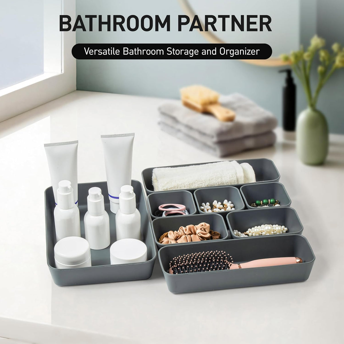 ISSEVE 8Pcs Silicone Drawer Organizer Trays for Bathroom, 4 Sizes, Black