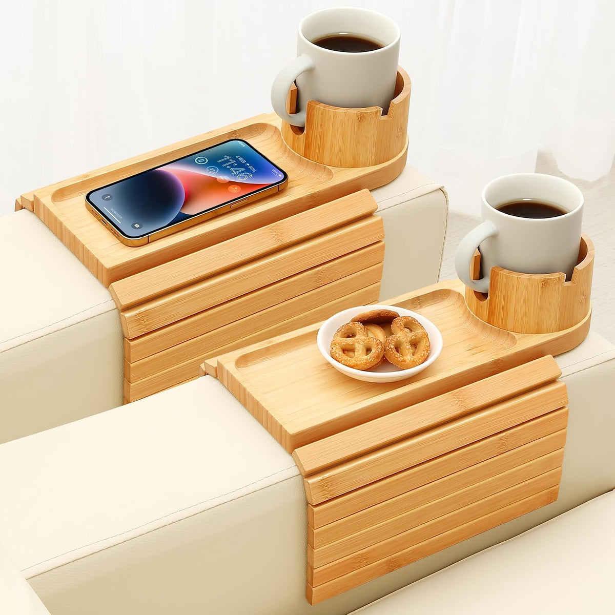2 Packs Couch Armrest Table,Bamboo Folding Anti Slip Sofa Storage