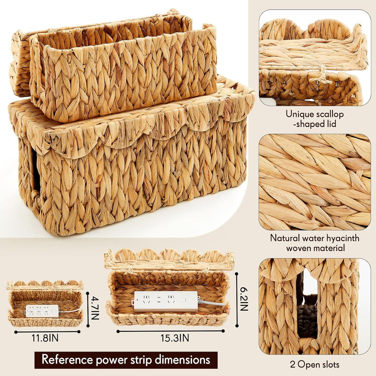 Patelai 2 Pack Scalloped Cable Management Box Water Hyacinth, Natural Color