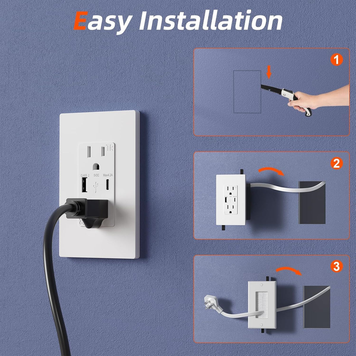 in Wall Cable Management Kit,2AC+USB-a+USB-c,in Wall Power Kit for Unreachabl...