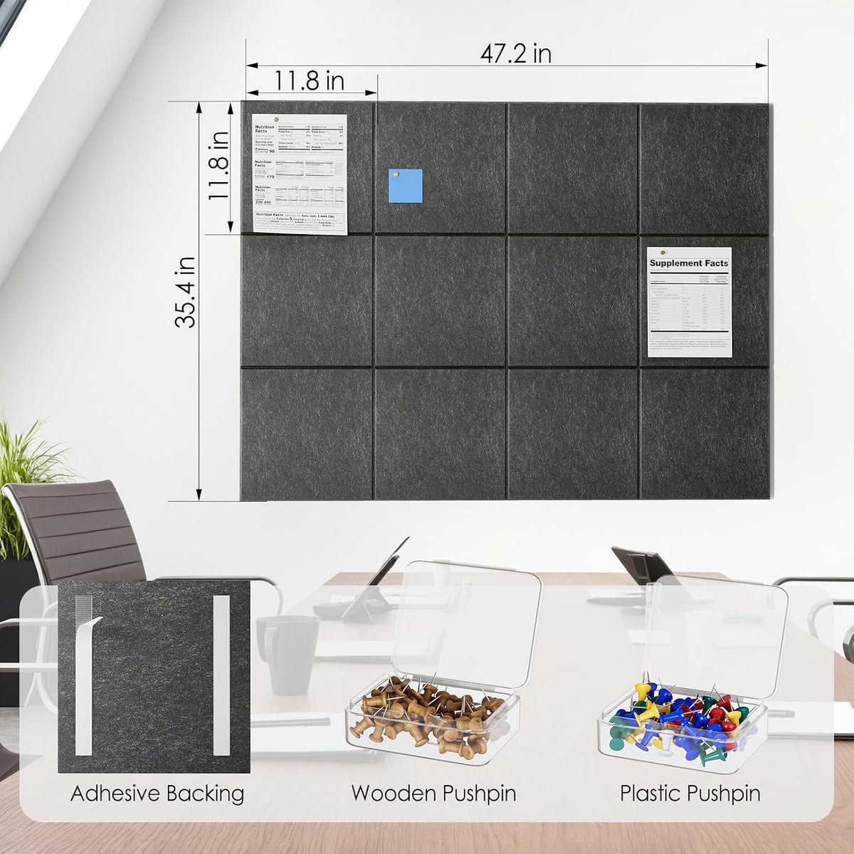 MaxGear Felt Bulletin Board 48" x 36", Dark Gray Felt Wall Tiles Wa...