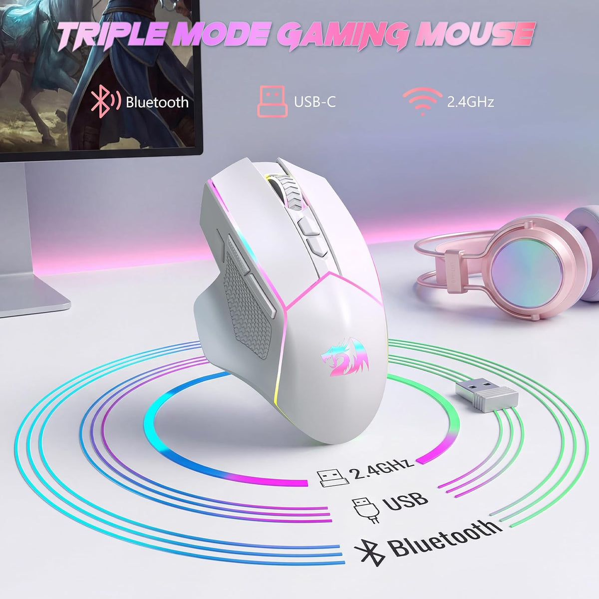 Redragon Wireless Gaming Mouse, Tri-Mode 2.4G/Bluetooth/USB-C, 7 Programmable...