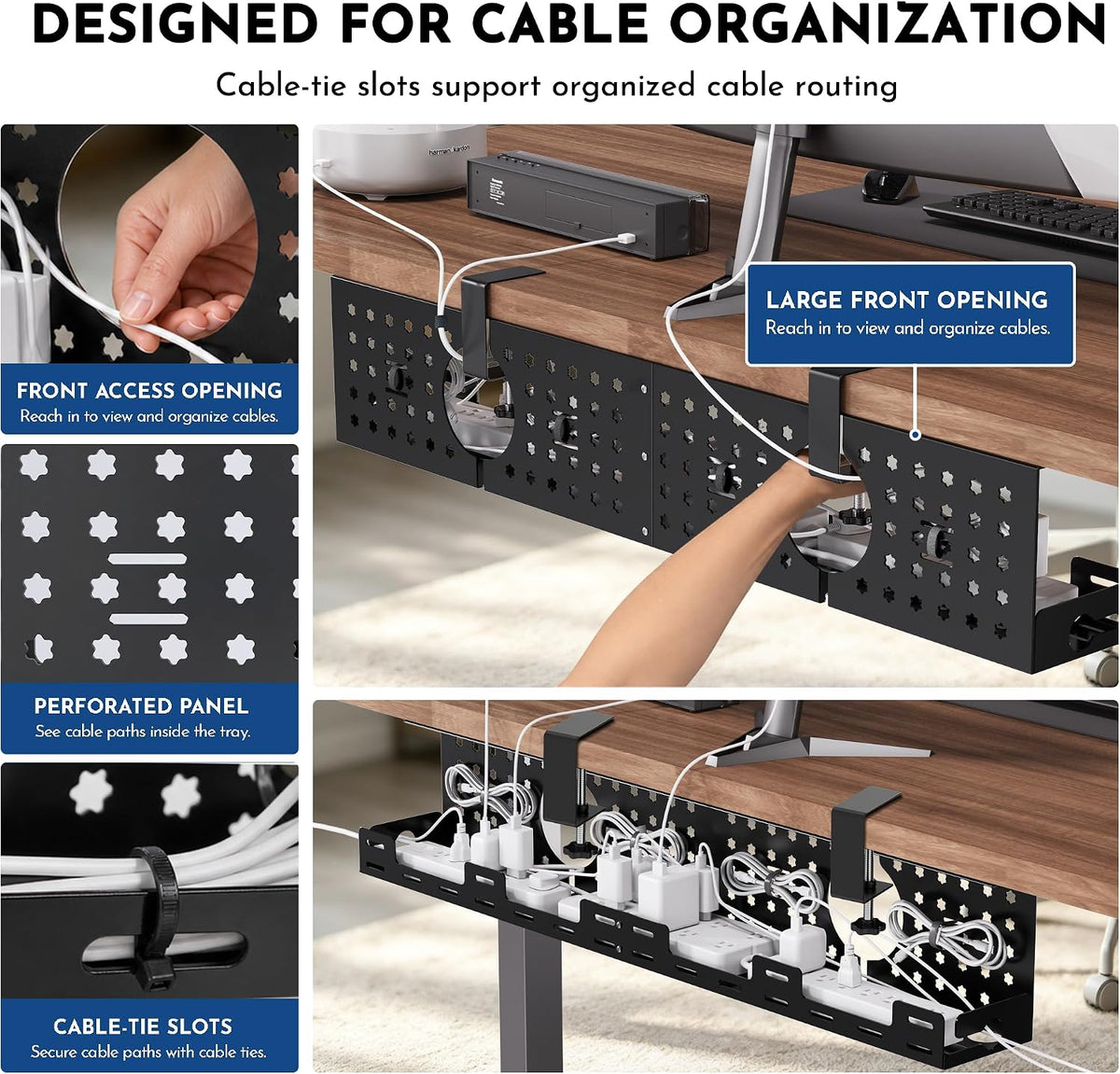 Under Desk Cable Management Tray, 32.6 in, No Drill Cable Organizer, Black