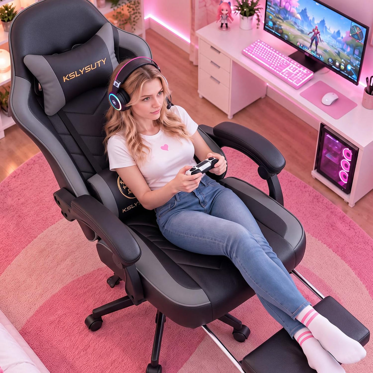 Mistpeople Gaming Chair, Ergonomic High Back Computer Chair with Footrest, Lu...
