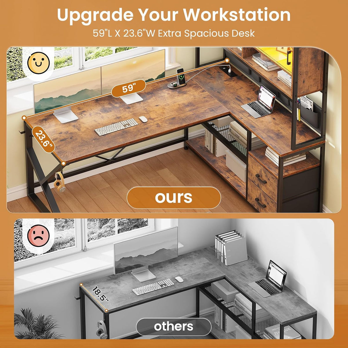 SEDETA L Shaped Office Desk with Storage Shelves, 2 Drawer, LED Light