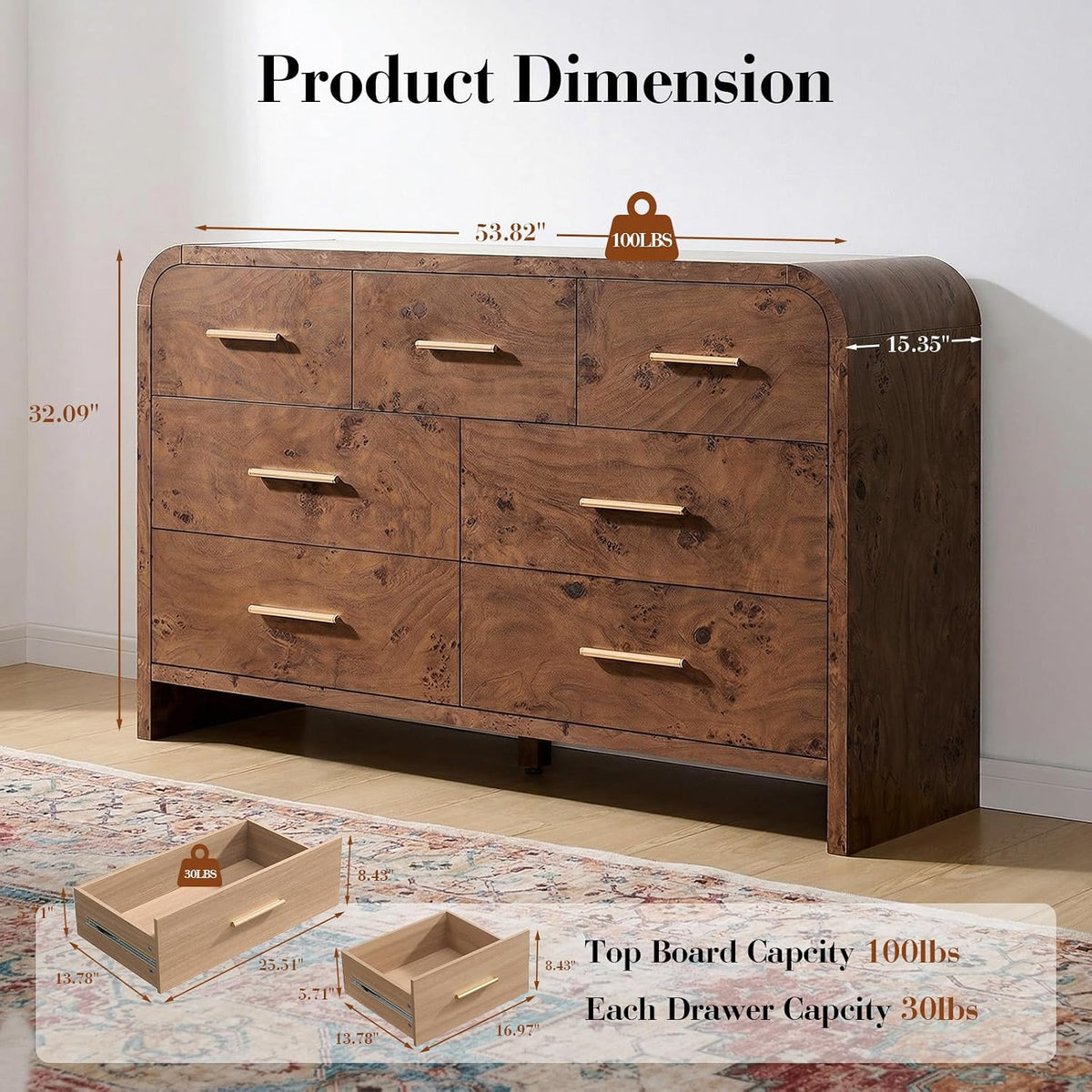 Curved Drawer Dresser for Bedroom with 7 Drawers, 54'' Wide Chest of ...