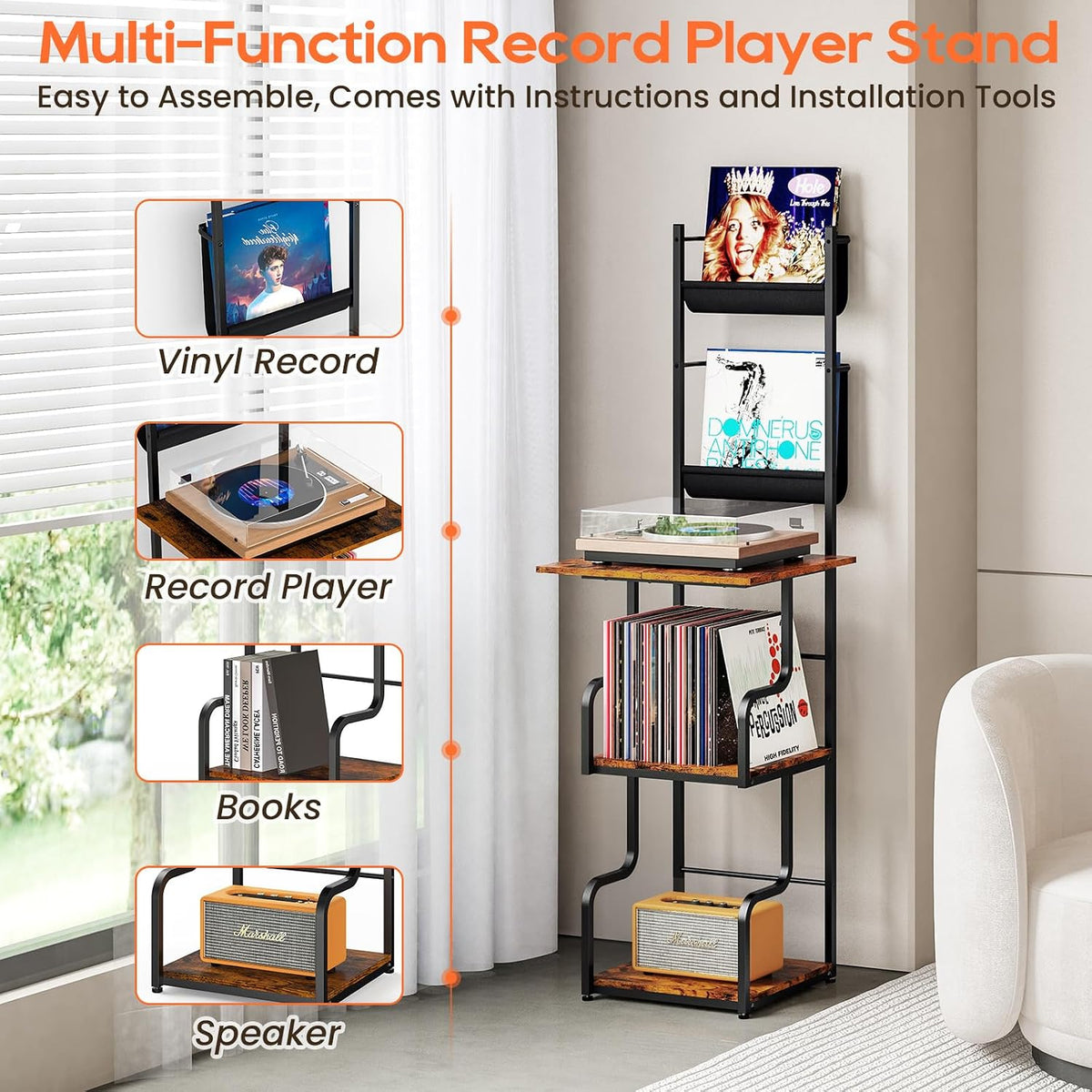 TJ.MOREE Record Player Stand with Vinyl Storage, Tall Record Player Table wit...