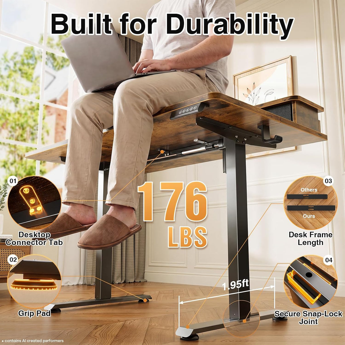 Veken 47x28 in Electric Standing Desk with Drawers, Adjustable Table, Brown