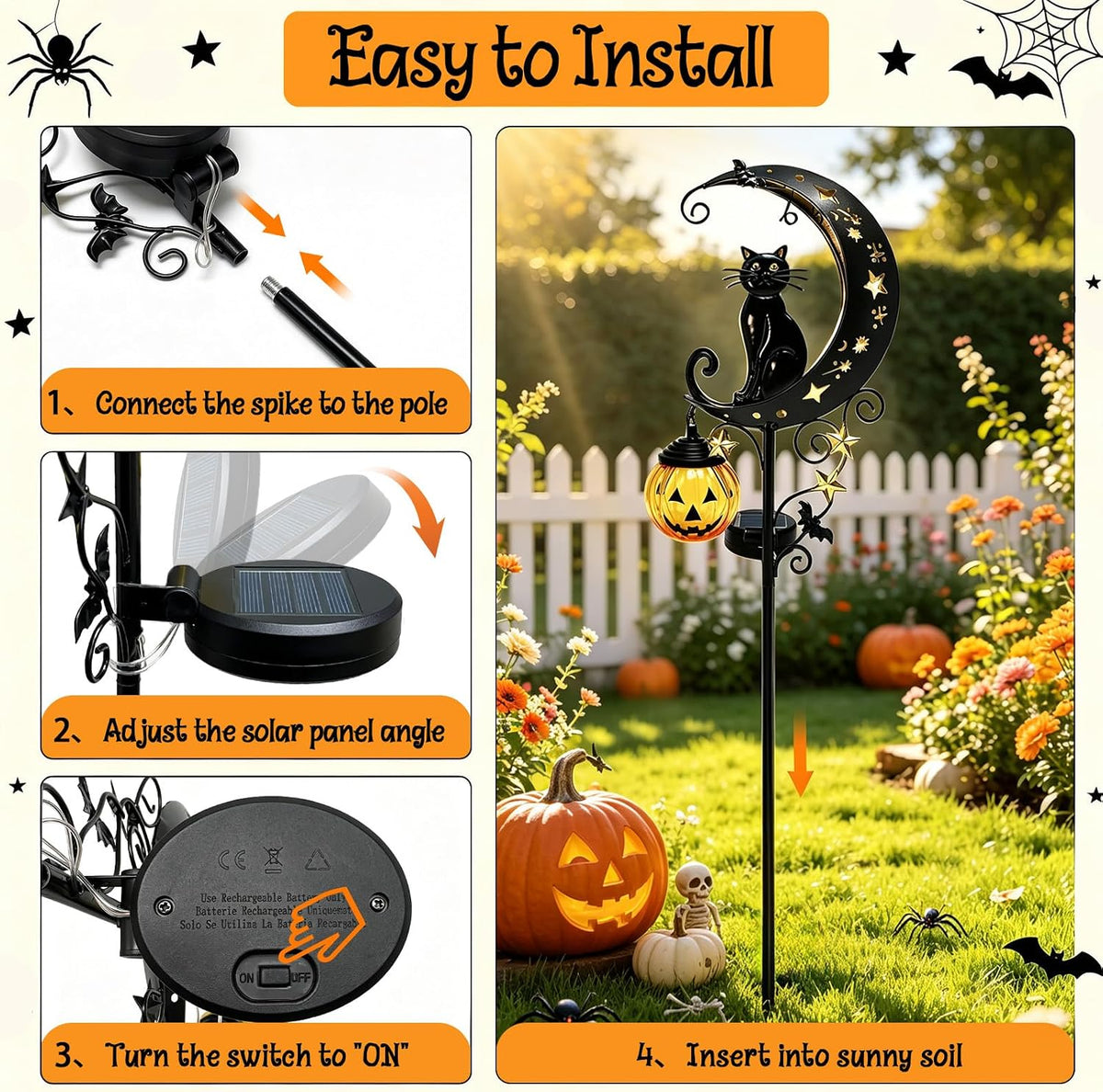 Solar Halloween Black Cat Pumpkin Moon Garden Stake Light Outdoor Decor