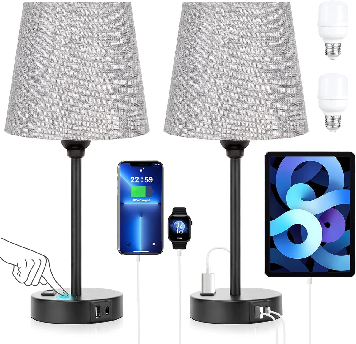 Grey Bedside Lamps Set 2 for Bedroom - Dimmable Touch, USB C+A, AC Outlet