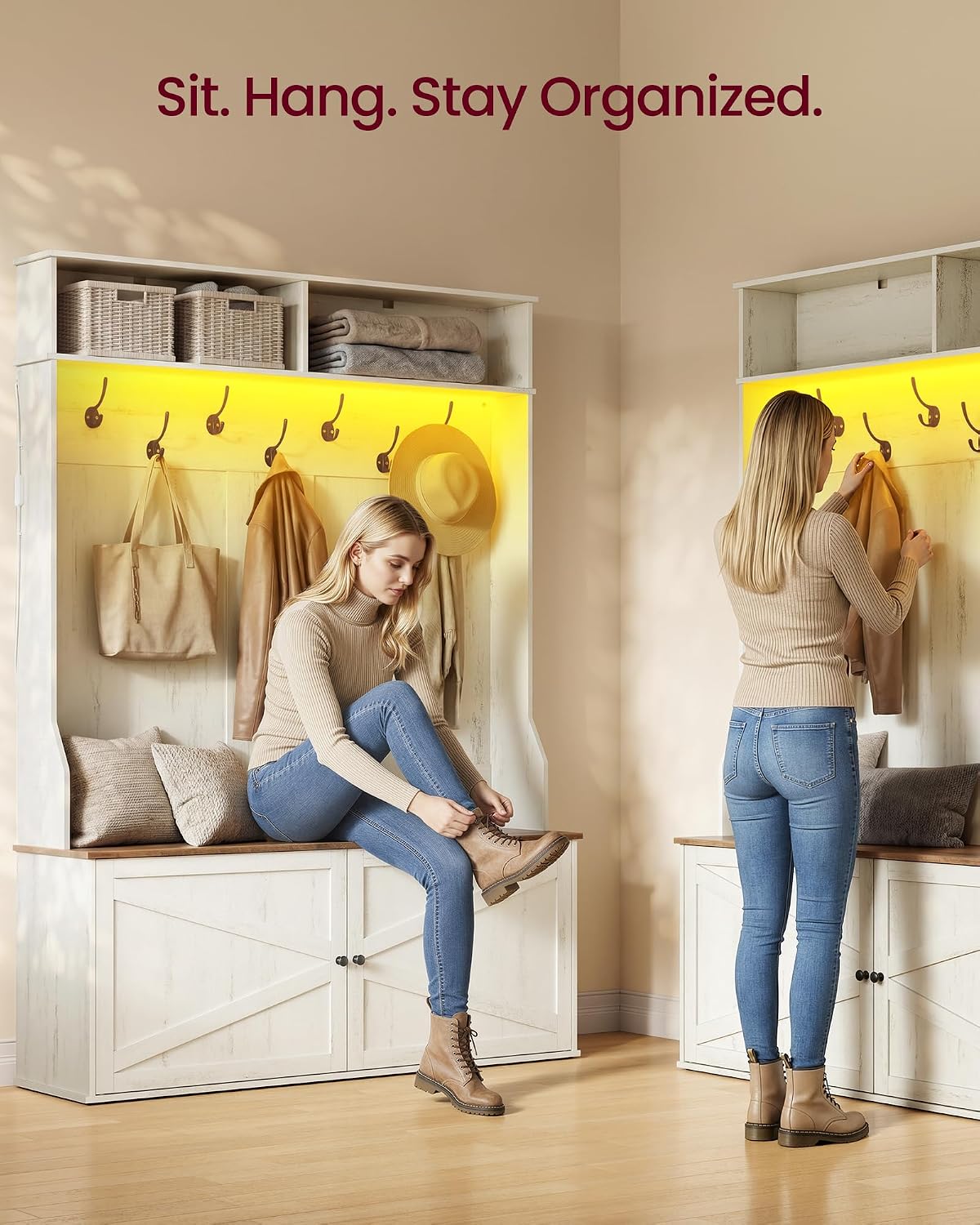 VASAGLE 5-in-1 Hall Tree with Bench and Shoe Storage, Adjustable LED Light