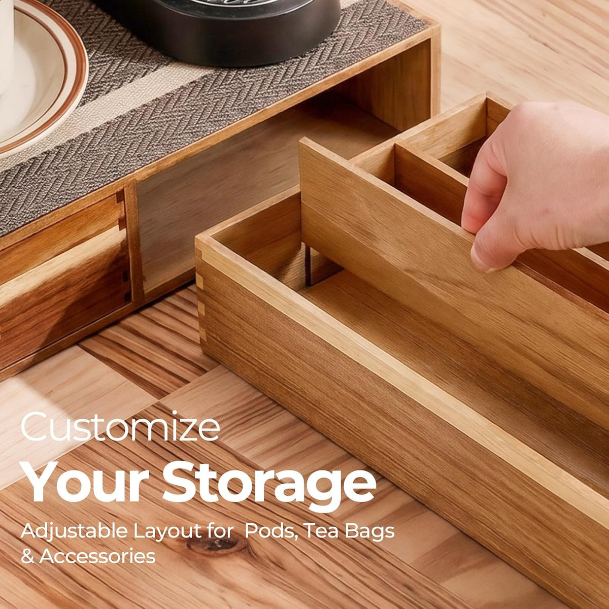 K Cup Organizer Drawer, Acacia Wood Coffee Pod and Tea Bag Storage Box