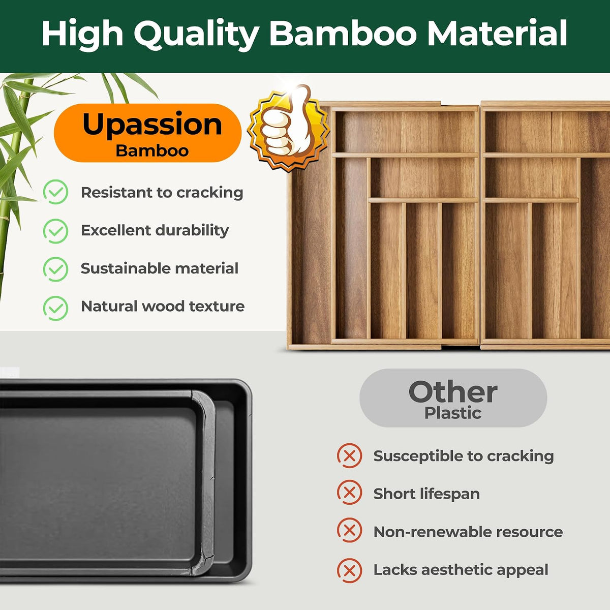 Large Silverware Organizer, 13 Slots Magnetic Connected Expandable Acacia Woo...