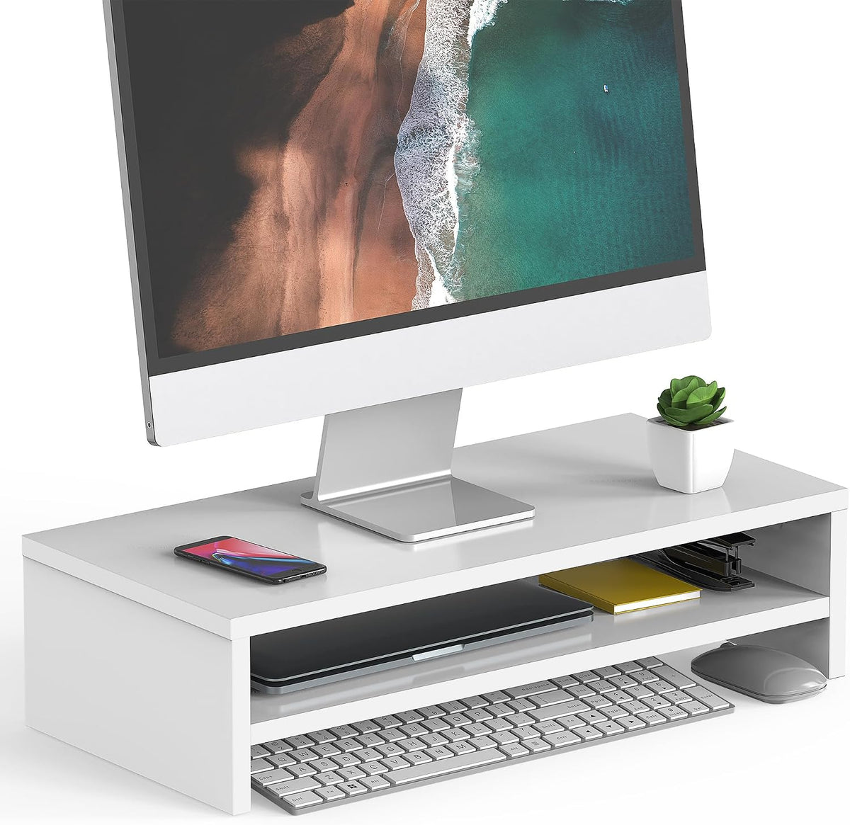 FITUEYES Wooden Monitor Stand Riser, 2-Tier Desk Storage Shelf, White