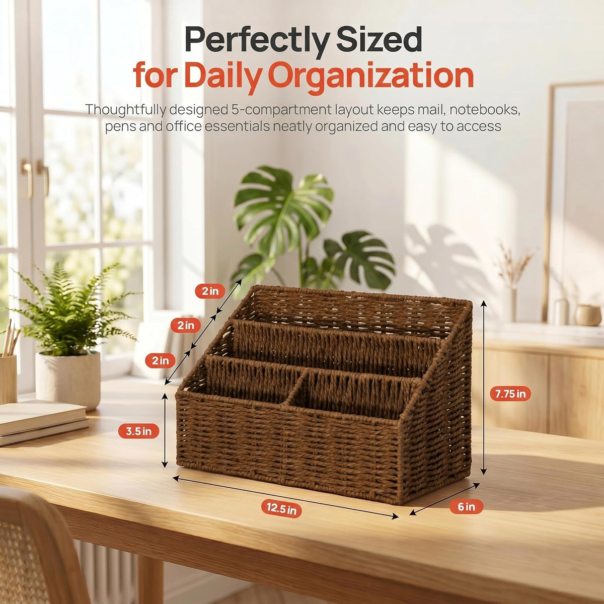 WICKERWISE Handwoven Paper Rope Desktop Organizer for Mail & Files, Brown