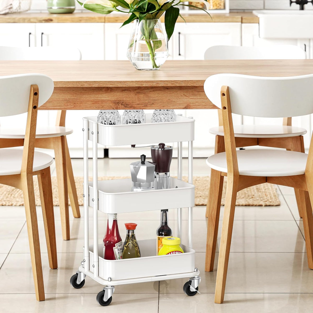 Simple Houseware 3-Tier Utility Cart, Low 24" Height Fits Under Desk, White