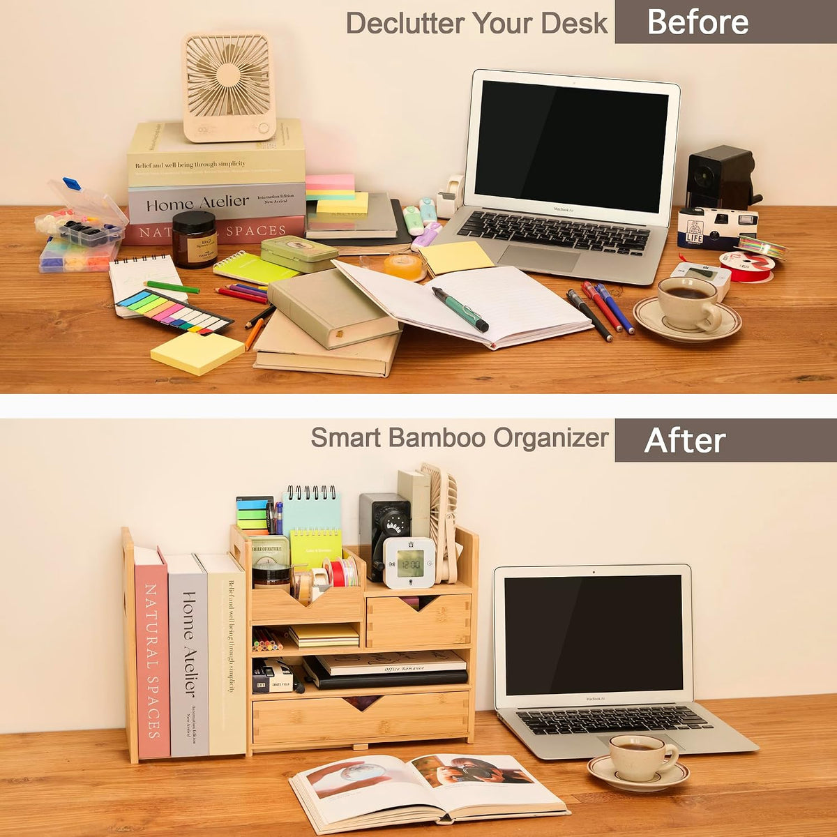 Pandorama Bamboo Desk Organizer Medium - Drawers & Adjustable File Holder...