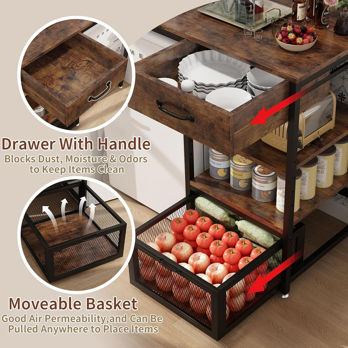 Mini Fridge Cabinet with Power Outlet and Adjustable Shelves,Rustic Brown