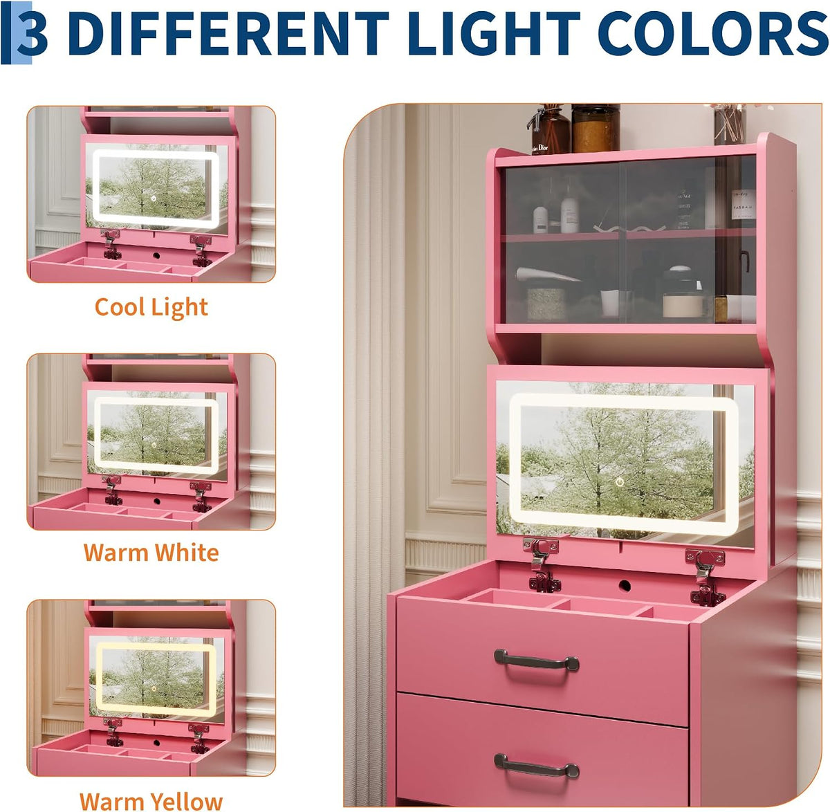 3-in-1 Vanity Desk with 3 Color LED, Compact Makeup Vanity Set with 2 AC Outl...