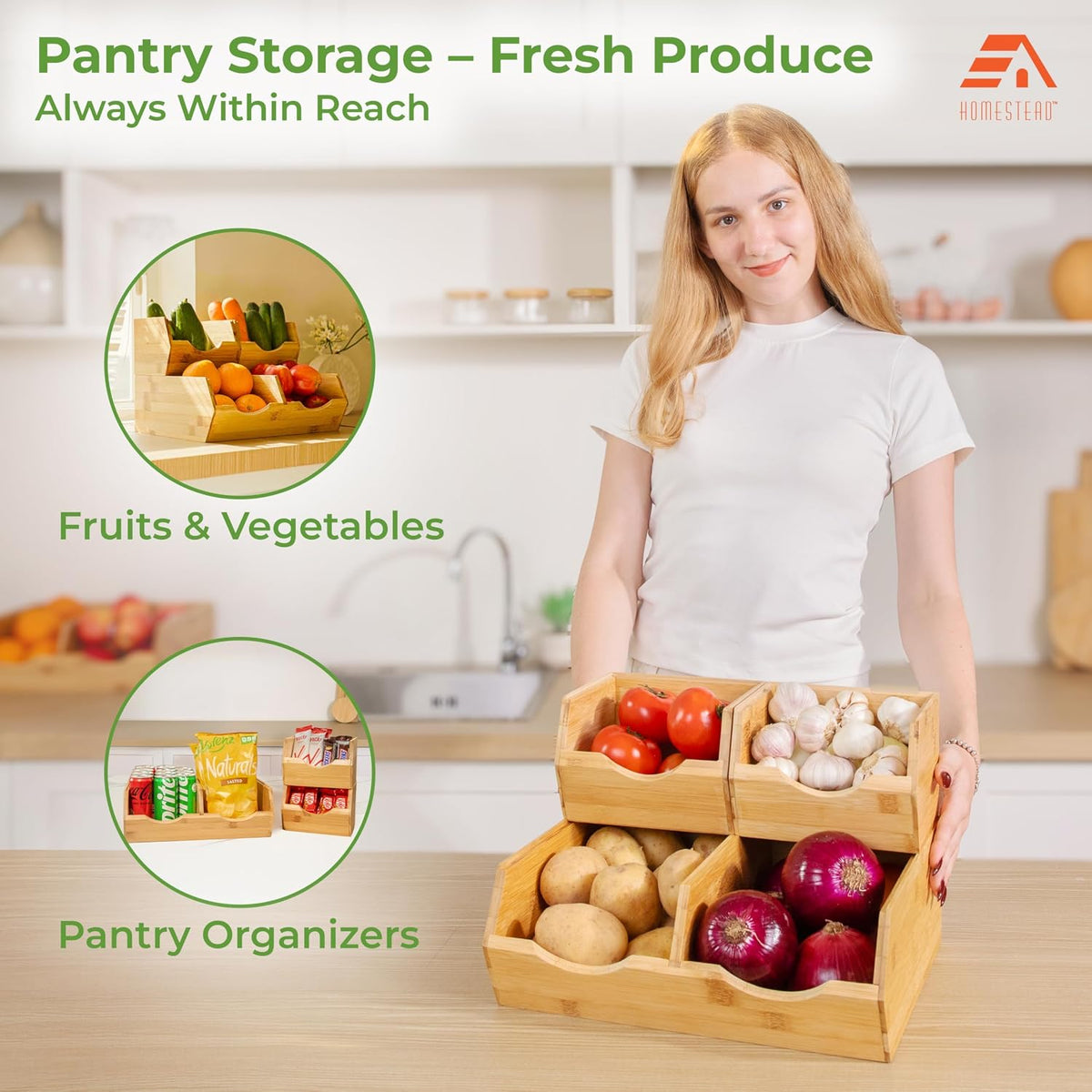 HOMESTEAD Bamboo Pantry Storage Bins – Stackable Potato & Onion Storage B...