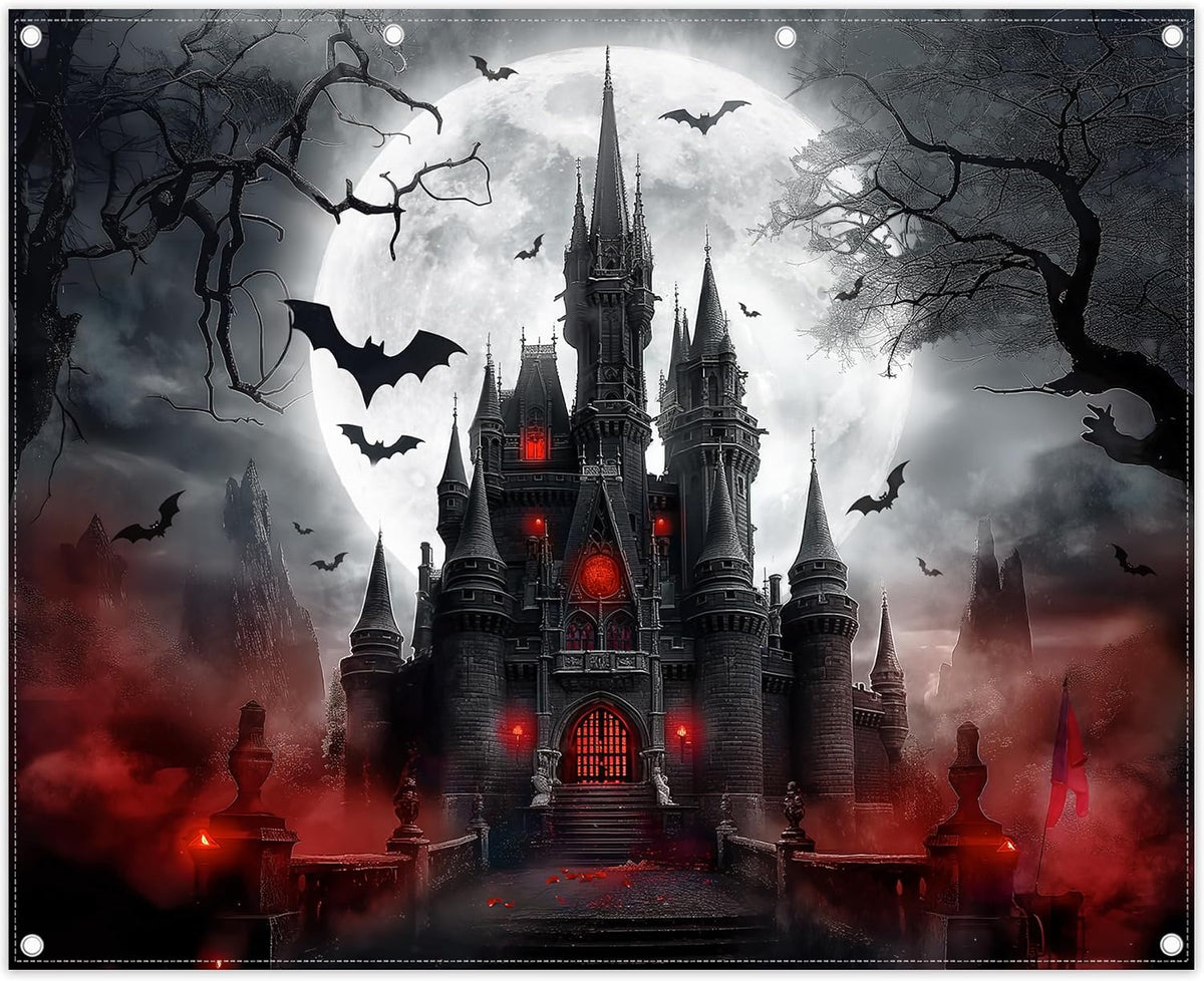 10x8ft Halloween Horror Castle Backdrop Full Moon Night Banner