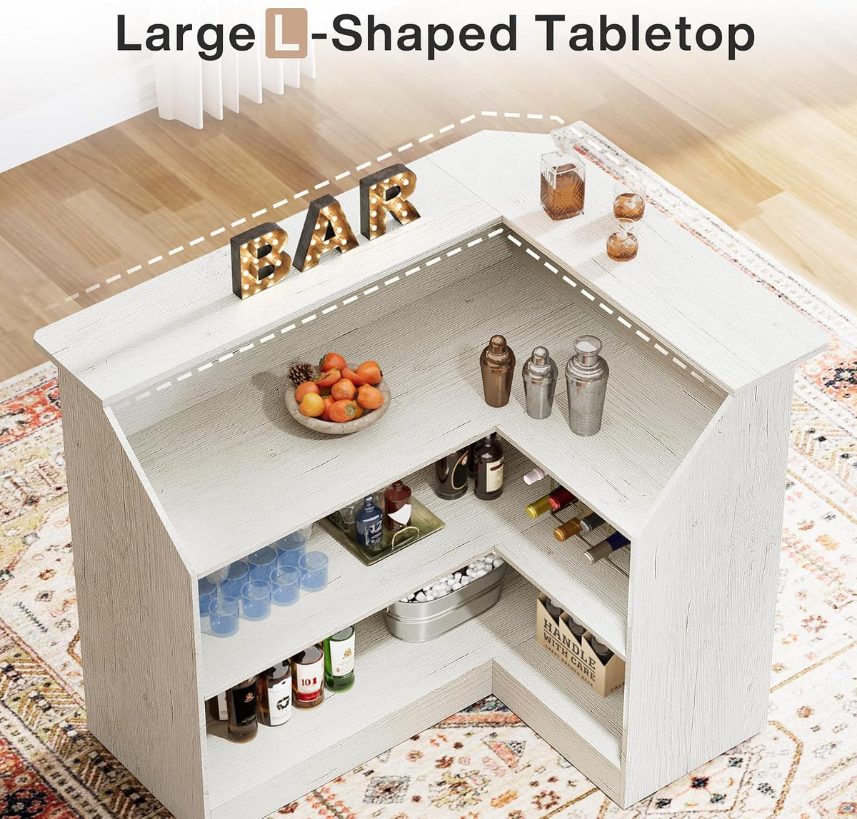 Tribesigns Bar Cabinet, L-Shaped Home Bar Table with Stemware Racks, 4-Tier C...