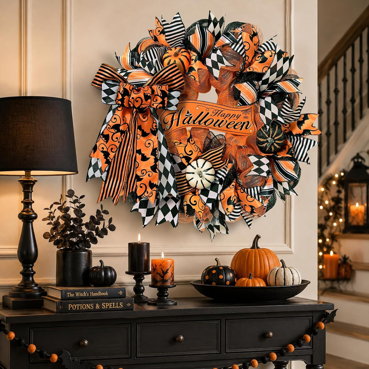 2 Pcs Halloween Wreaths for Front Door, Halloween Wreath with Ribbon Bow