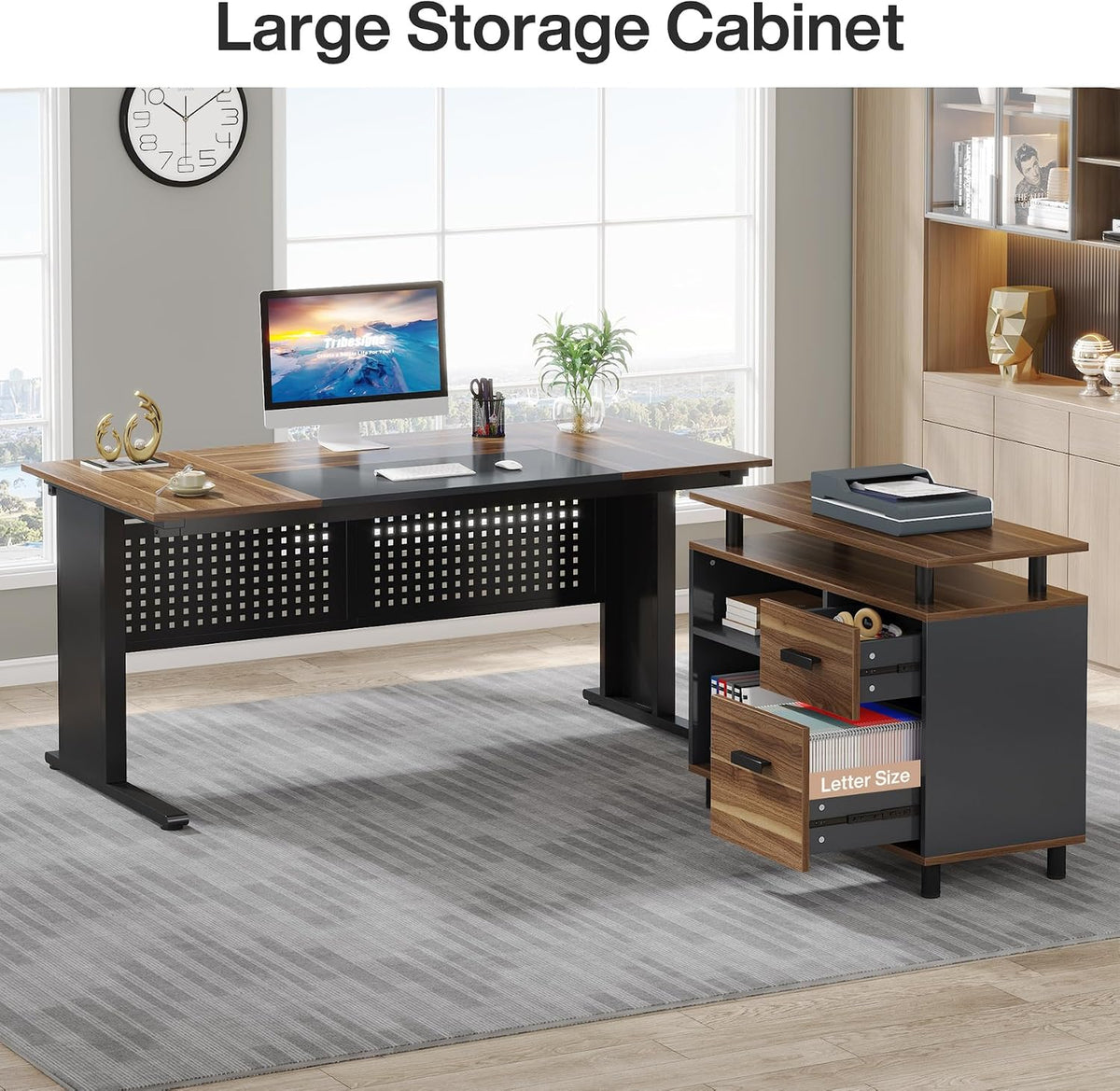 Tribesigns 63 Inch Executive Desk with File Cabinet, L Shaped Office Desk