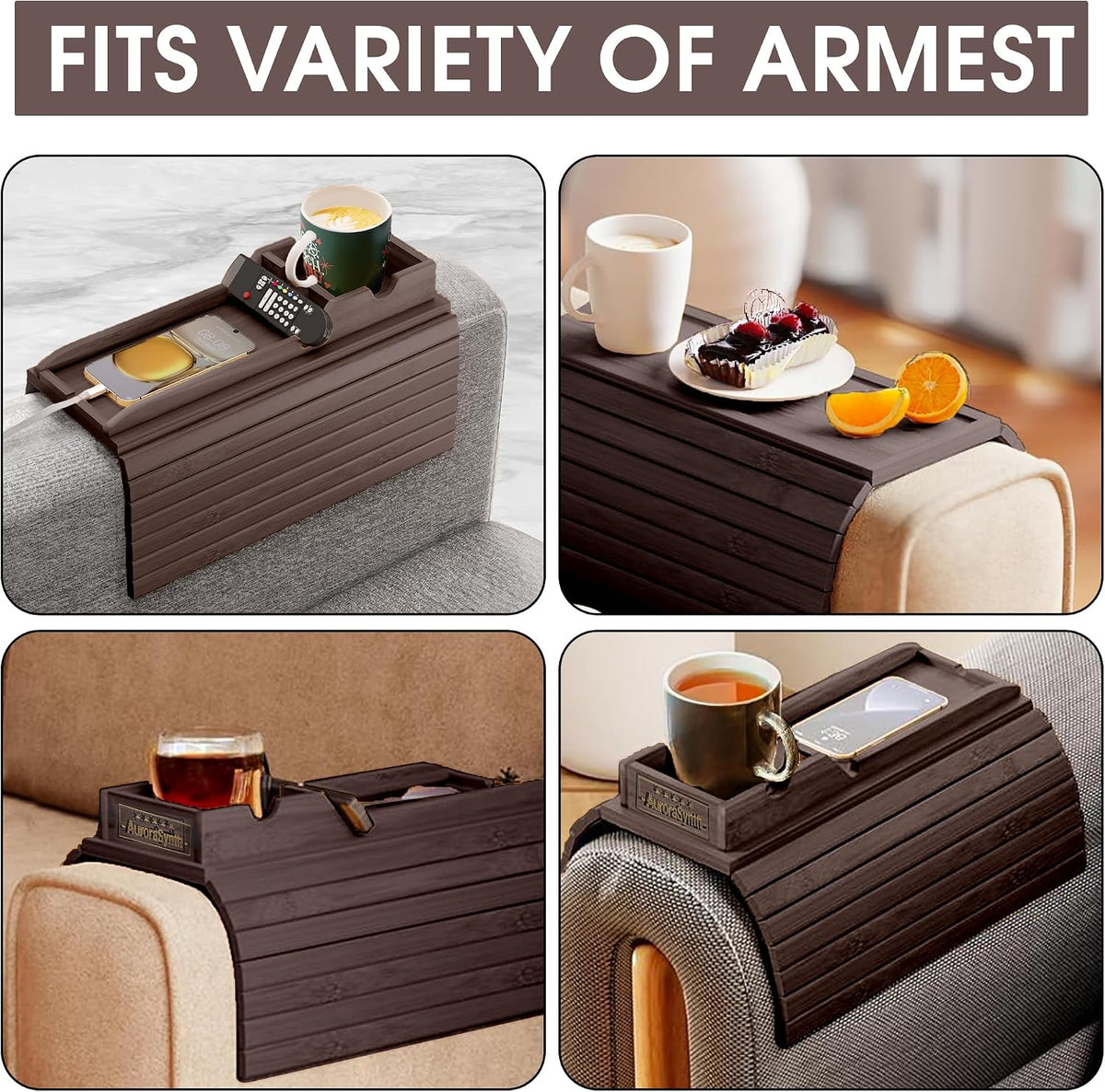 Couch Cup Holder, 2 Cork Coasters, Anti-Slip Foldable Couch Arm Tray Walnut