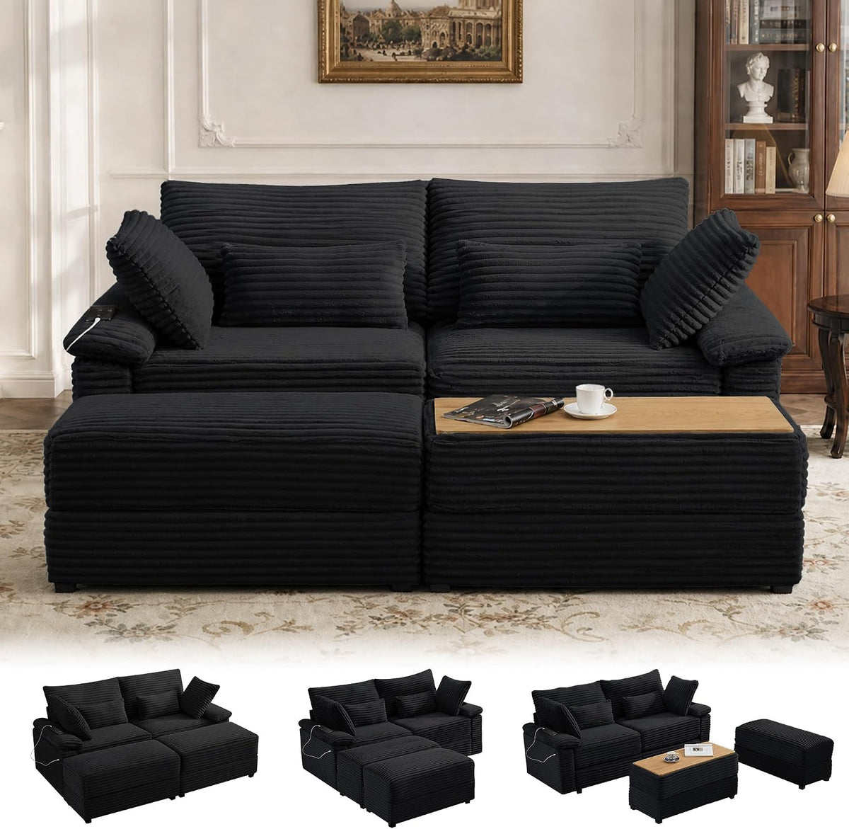 75" Corduroy Loveseat Sofa with 2 Storage Ottoman, USB Charging, Black