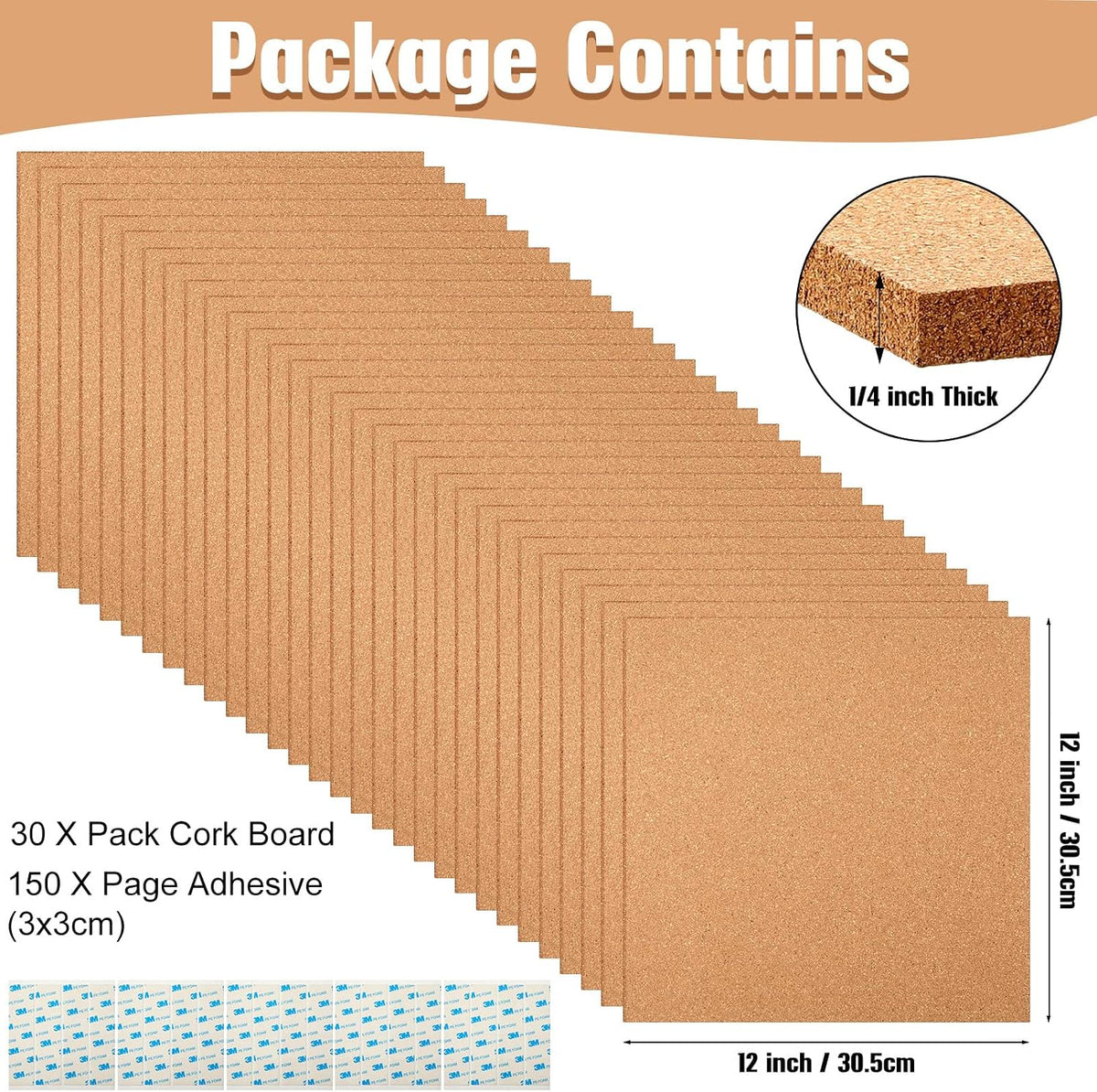 Kosiz 30 Pack 12x12 Cork Board Squares Bulk 1/4" Cork Board Tiles for Wall