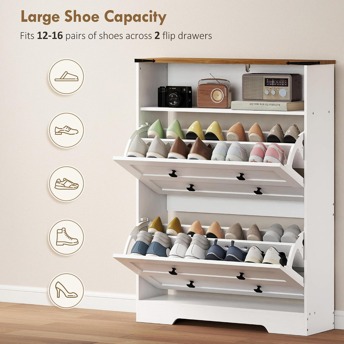 HOMCOM Shoe Cabinet with 2 Flip Drawers, Narrow, Adjustable Shelves, White