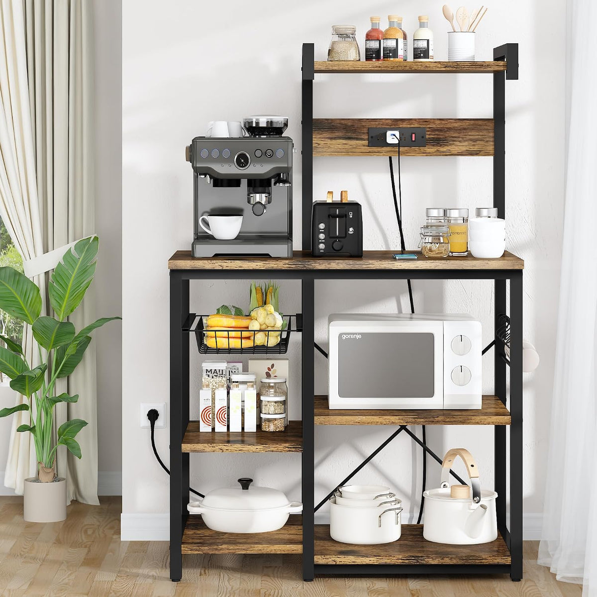 Recaceik Bakers Rack Kitchen Storage Rack with Power Outlet Microwave Stand C...